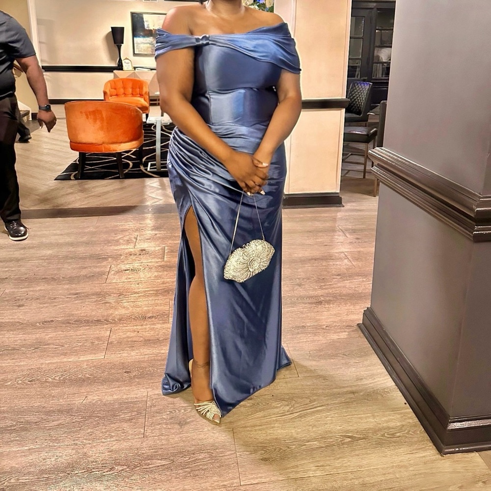 Cinderella Lapis Blue Strapless Gown with Matching Shoulder Overlay